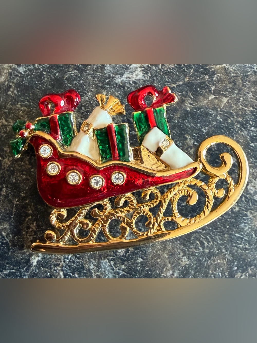 Christmas Sleigh Brooch Pin Red Green Gold Rhinestone Holiday Jewelry